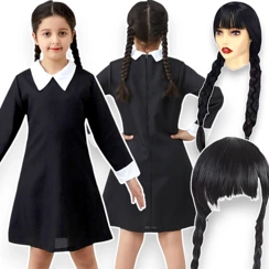 Strój Kostium Wednesday Addams - rozmiar M (115-125 cm) + Peruka z warkoczami o długości 60cm