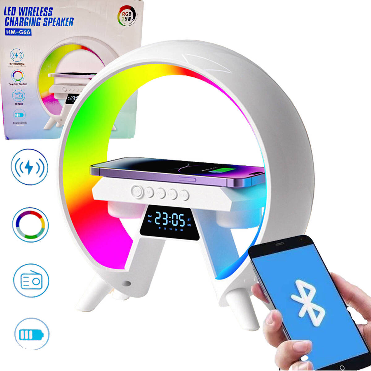 4W1 LAMPKA LED ŁADOWARKA BEZPRZEWODOWA 15W SZYBKA IQ GŁOŚNIK BLUETOOTH BUDZIK RADIO FM