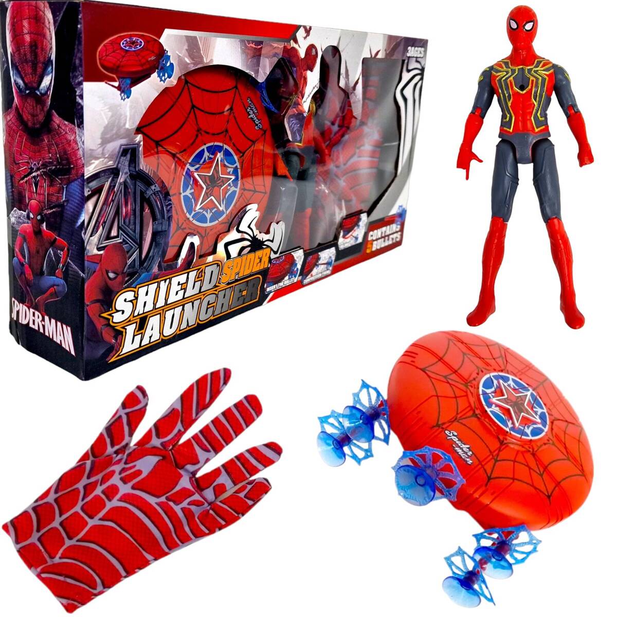 AVENGERS - MEGA ZESTAW SPIDERMAN WYRZUTNIA 5W1 ! RĘKAWICA WYRZUTNIA SPIDERMAN + STRZAŁKI + TARCZA + RUCHOMA FIGURKA SPIDERMAN AVENGERS