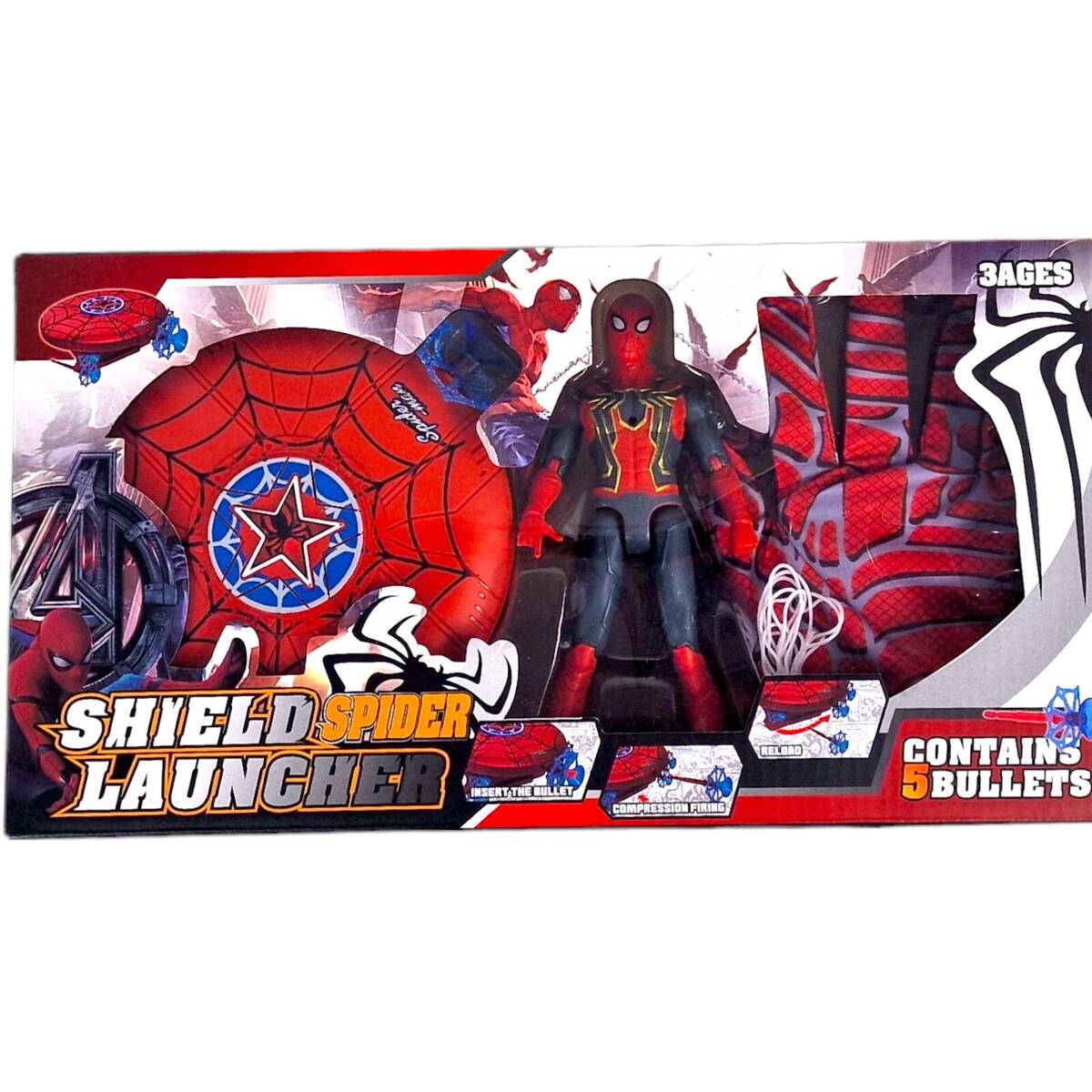 AVENGERS - MEGA ZESTAW SPIDERMAN WYRZUTNIA 5W1 ! RĘKAWICA WYRZUTNIA SPIDERMAN + STRZAŁKI + TARCZA + RUCHOMA FIGURKA SPIDERMAN AVENGERS