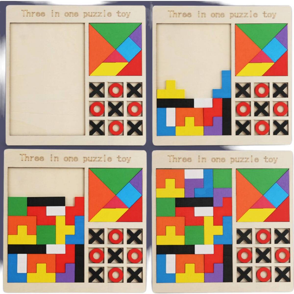 Drewniana Gra Logiczna Kółko i Krzyżyk + Tetris + Tangram (3 gry w 1)