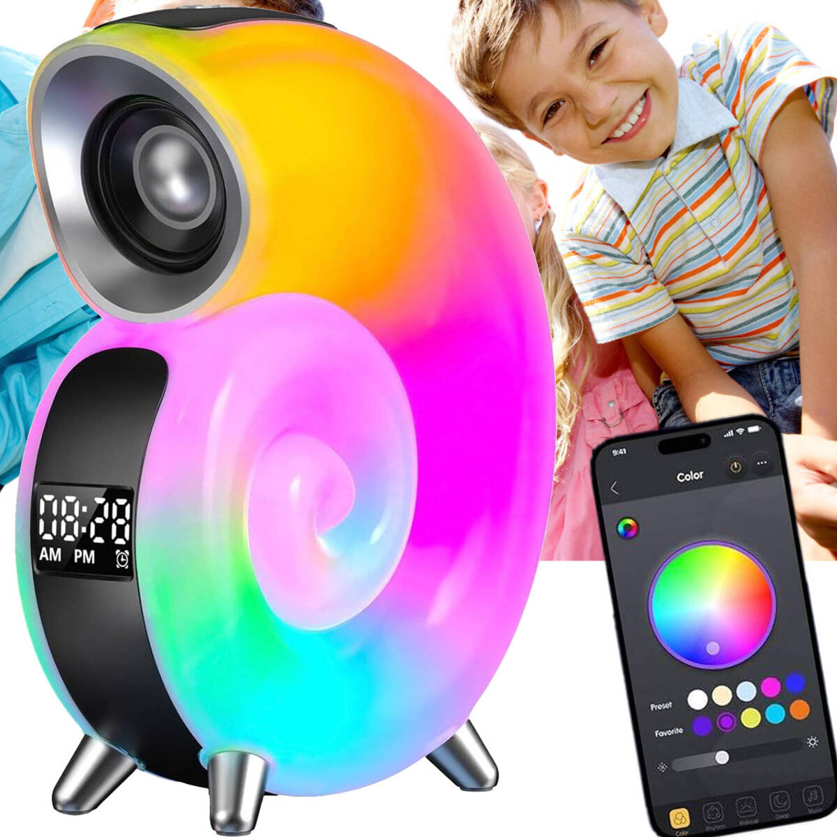 LAMPKA NOCNA LED ŚLIMAK RGB BLUETOOTH ZEGAR RADIO GŁOŚNIK APLIKACJA