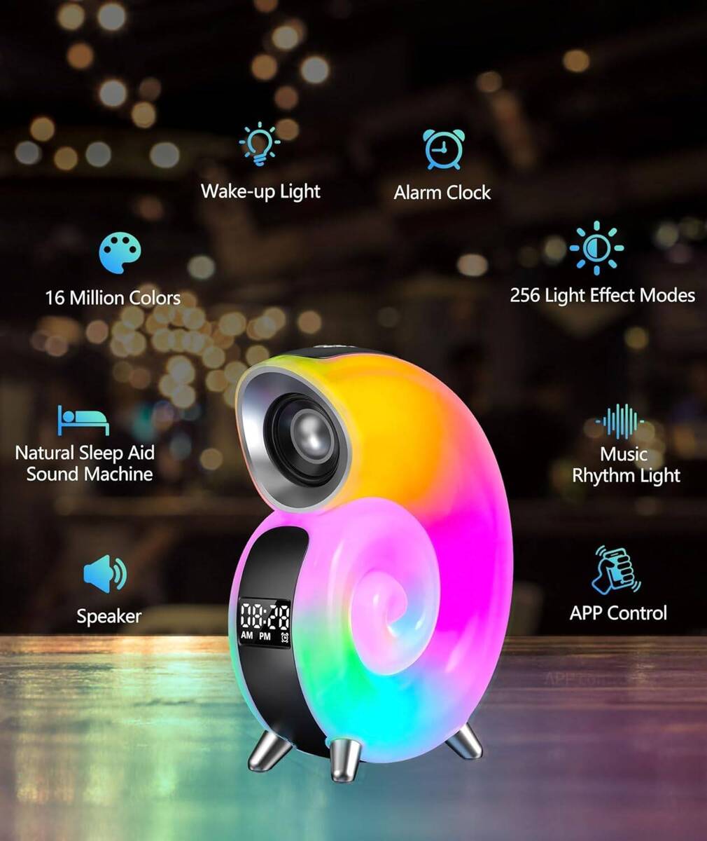 LAMPKA NOCNA LED ŚLIMAK RGB BLUETOOTH ZEGAR RADIO GŁOŚNIK APLIKACJA