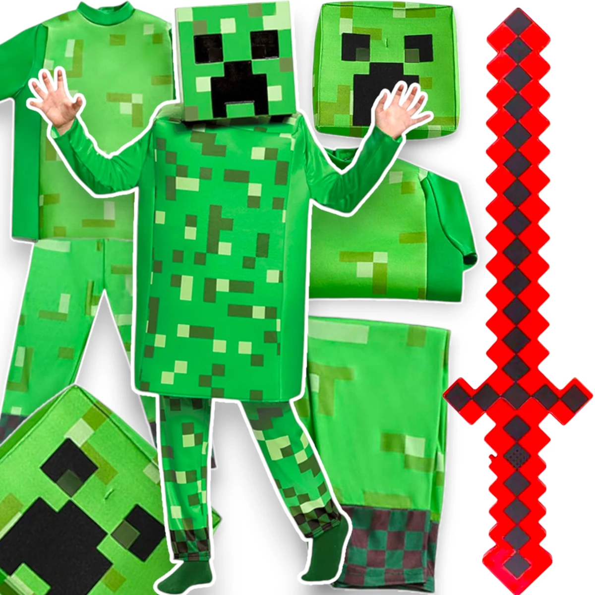 MINECRAFT Strój dla chłopca CREEPER / kostium na bal rozmiar L 130-140 cm + miecz