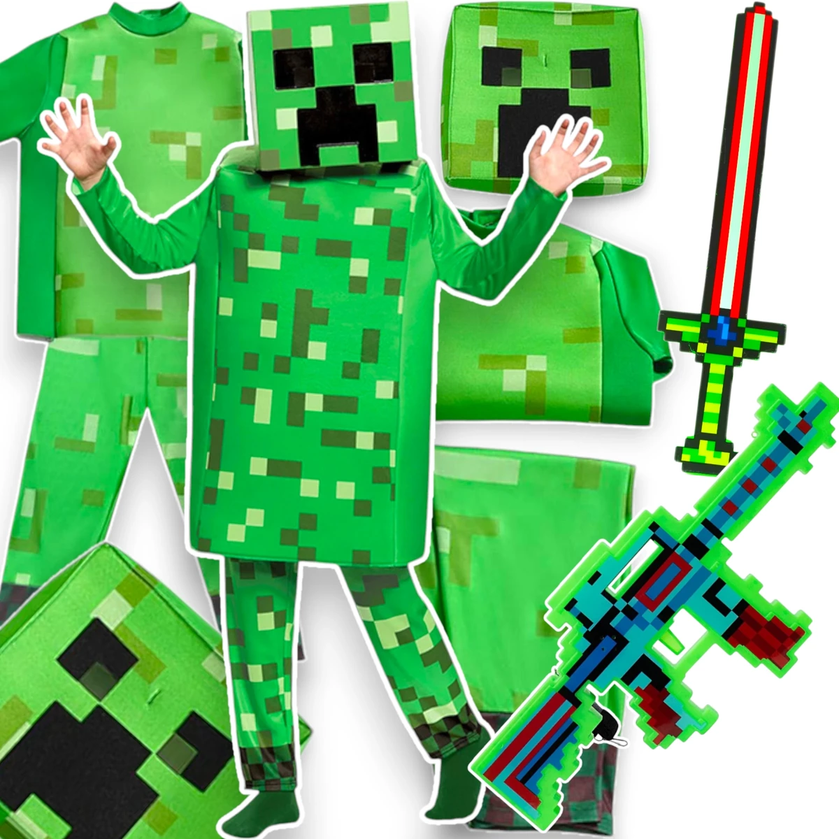 MINECRAFT Strój dla chłopca CREEPER / kostium na bal rozmiar L 130-140 cm + miecz + karabin