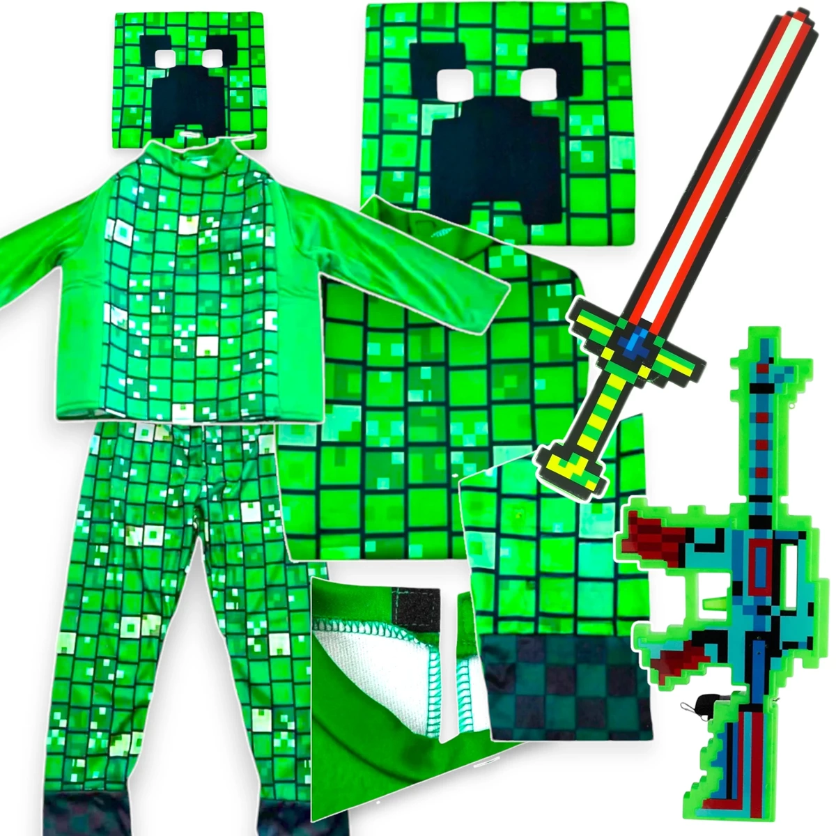 MINECRAFT Strój dla chłopca CREEPER / kostium na bal rozmiar L 130-140 cm + miecz + karabin