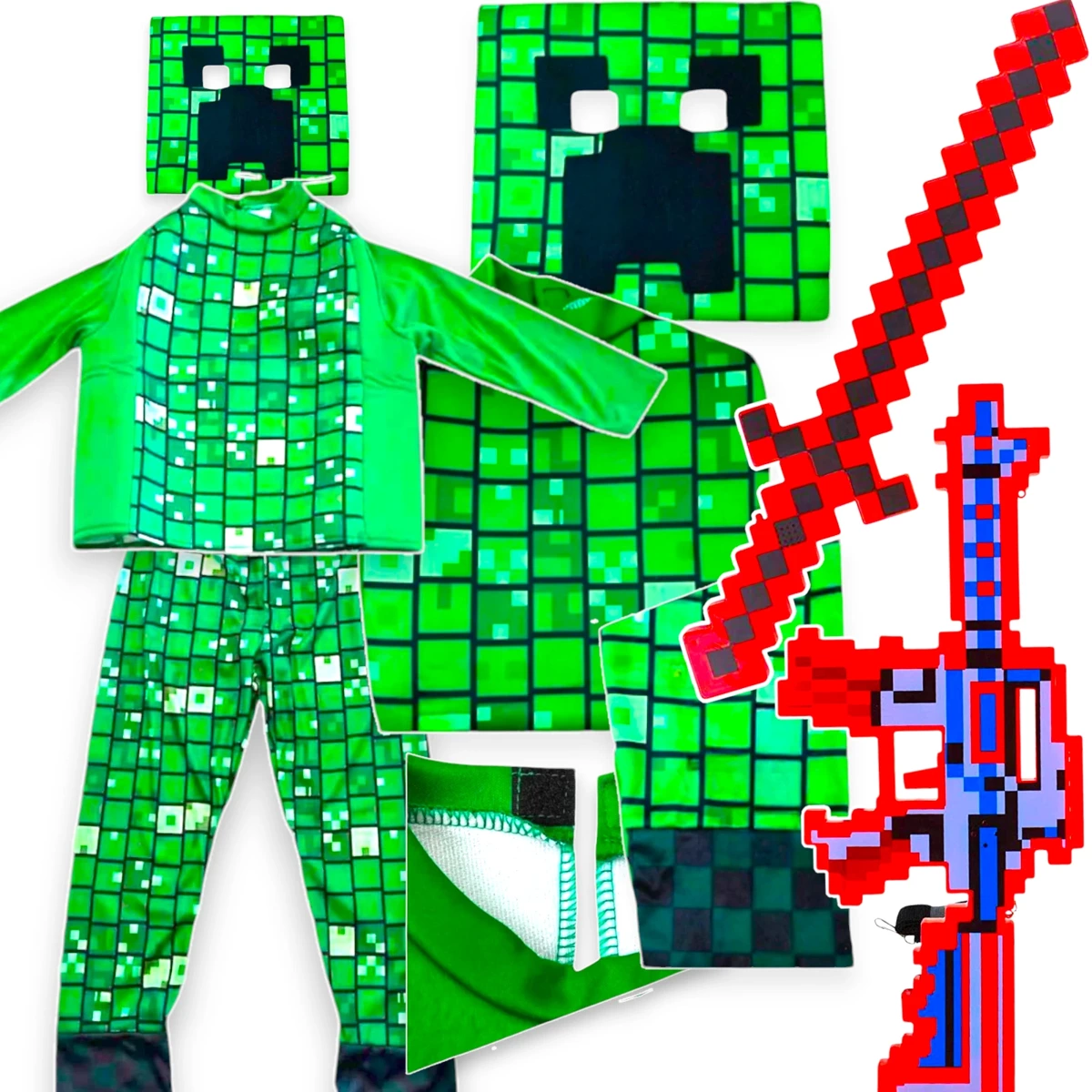 MINECRAFT Strój dla chłopca CREEPER / kostium na bal rozmiar L 130-140 cm + miecz + karabin