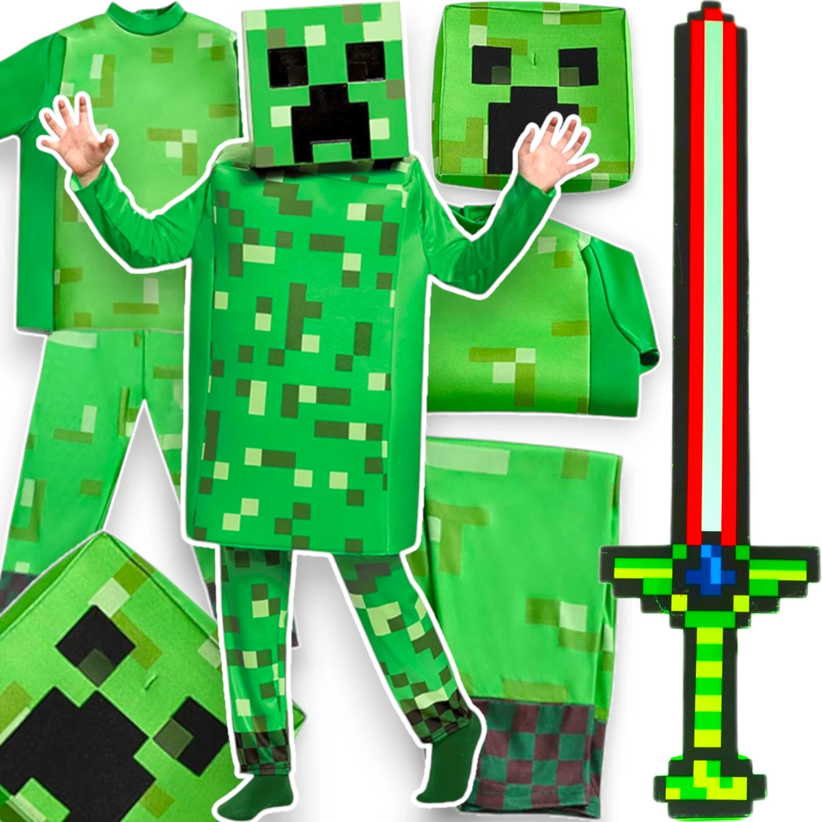 MINECRAFT Strój dla chłopca CREEPER / kostium na bal rozmiar M 120-130 cm + miecz