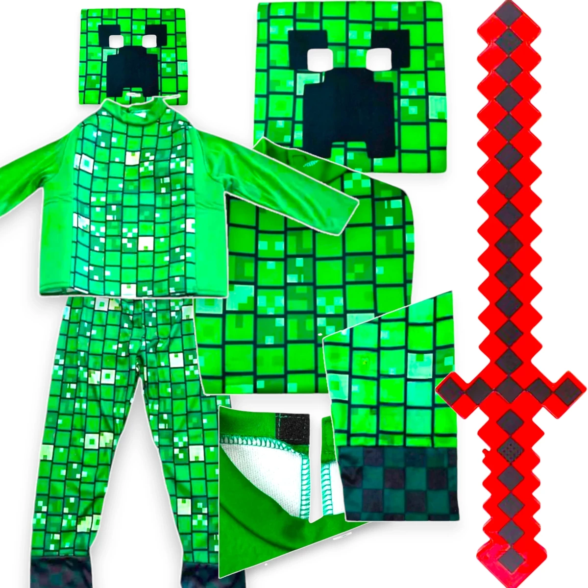 MINECRAFT Strój dla chłopca CREEPER / kostium na bal rozmiar M 120-130 cm + miecz