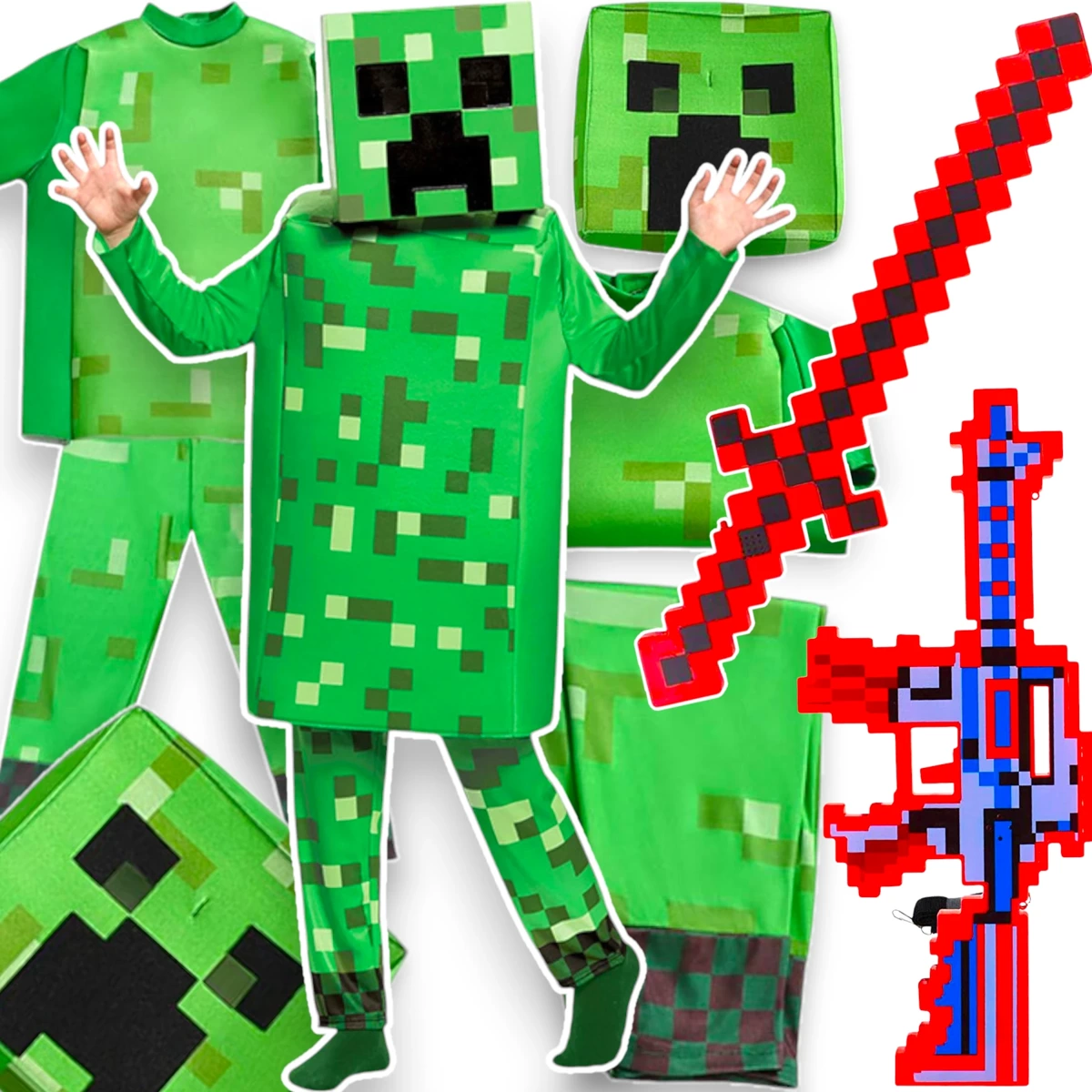 MINECRAFT Strój dla chłopca CREEPER / kostium na bal rozmiar S 110-120 cm + miecz + karabin