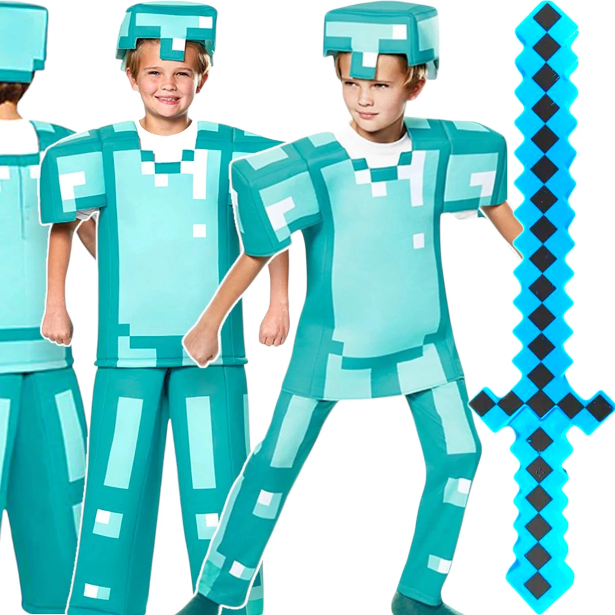 MINECRAFT Strój dla chłopca DIAMENTOWY STEVE / kostium na bal rozmiar L 130-140 cm + miecz