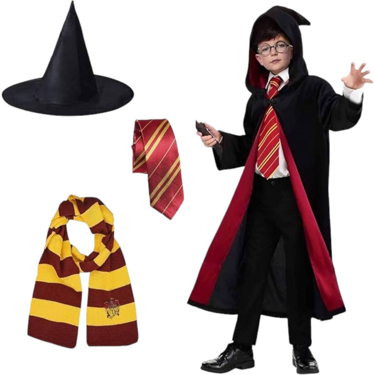 Strój Harry Potter dla dzieci Gryffindor peleryna Czarodzieja Krawat Szalik + KAPELUSZ