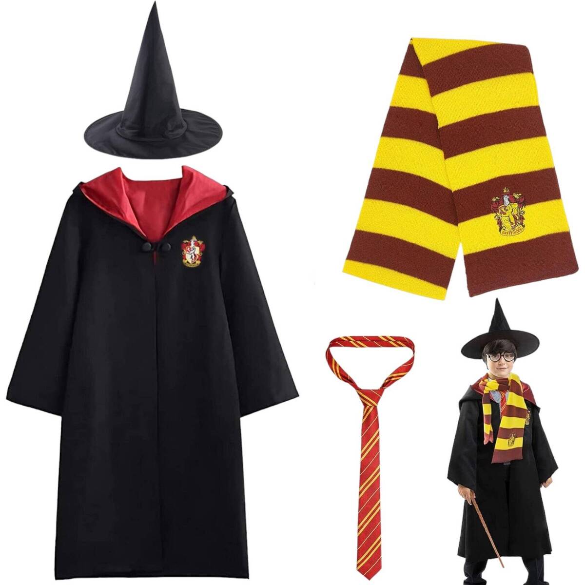 Strój Harry Potter dla dzieci Gryffindor peleryna Czarodzieja Krawat Szalik + KAPELUSZ