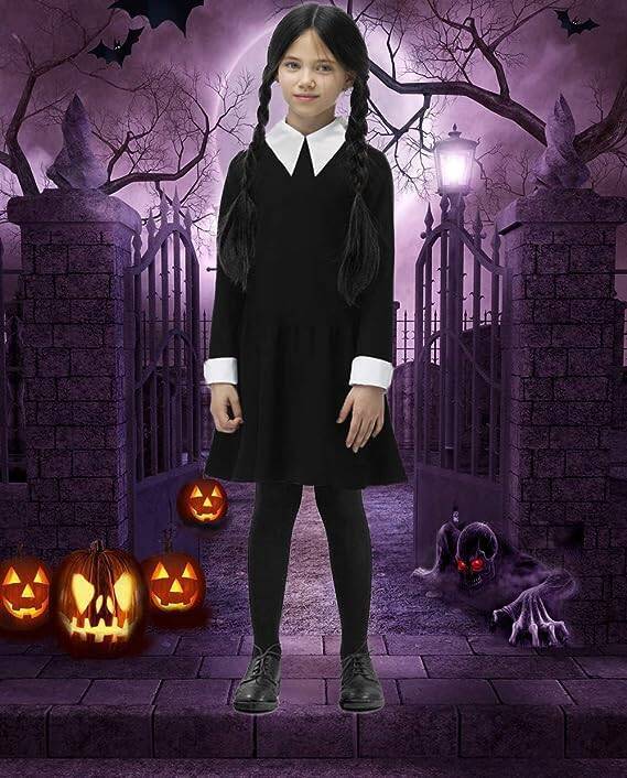 Strój Kostium Wednesday Addams - rozmiar M (115-125 cm) + Peruka z warkoczami o długości 60cm