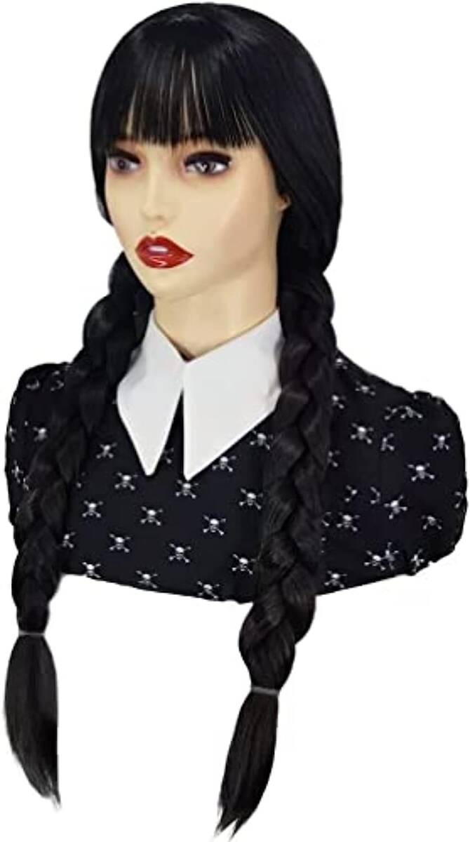 Strój Kostium Wednesday Addams - rozmiar M (120-130 cm) + Peruka z warkoczami o długości 60cm