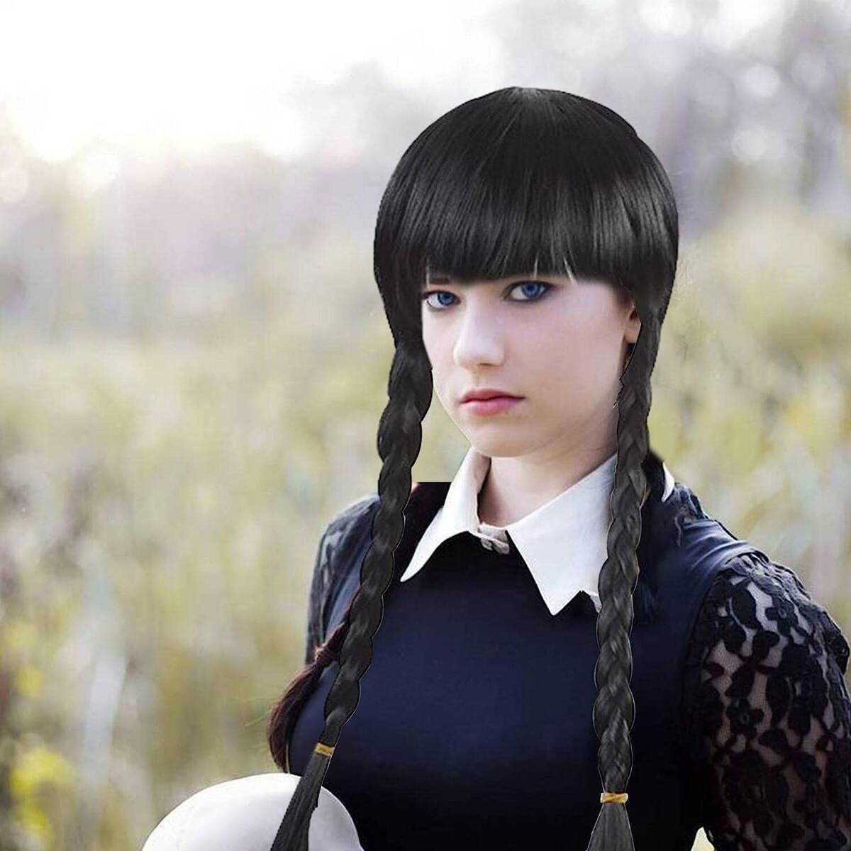 Strój Kostium Wednesday Addams - rozmiar S (110-115 cm) + Peruka z warkoczami o długości 60cm