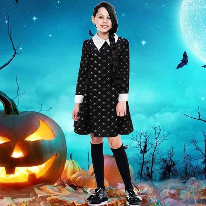 Strój Kostium Wednesday Addams - rozmiar XL (135-145 cm) + Peruka z warkoczami o długości 60cm