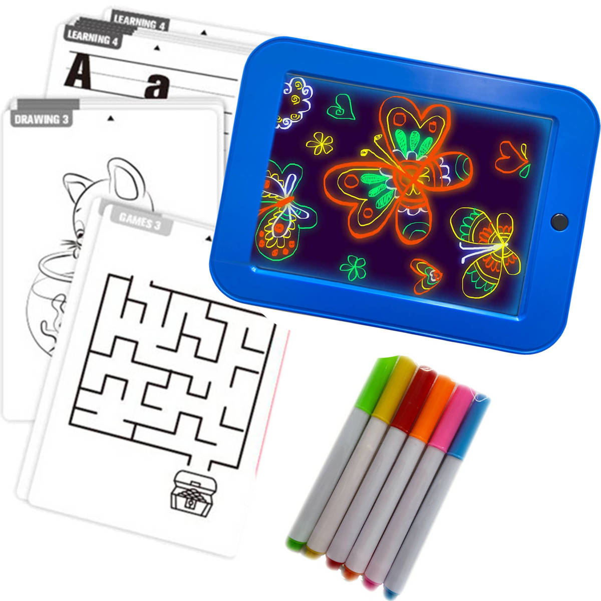 Tablet Graficzny Do Rysowania - Magiczna tablica podświetlana + 6 neonowych pisaków