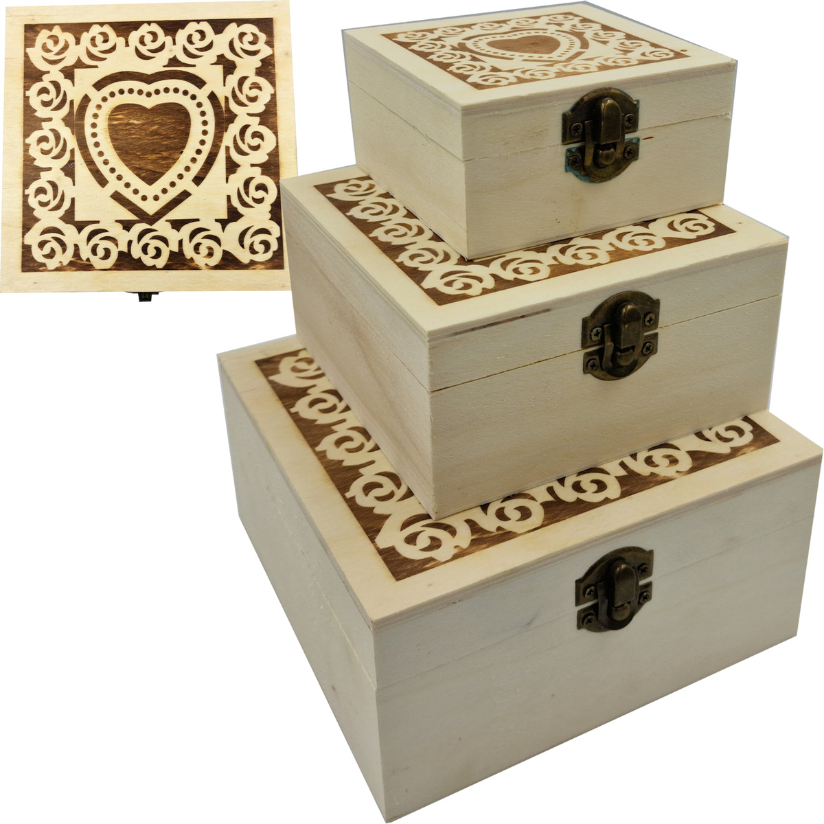 Zestaw 3 sztuk pudełek drewnianych wypalanych 16x16 cm