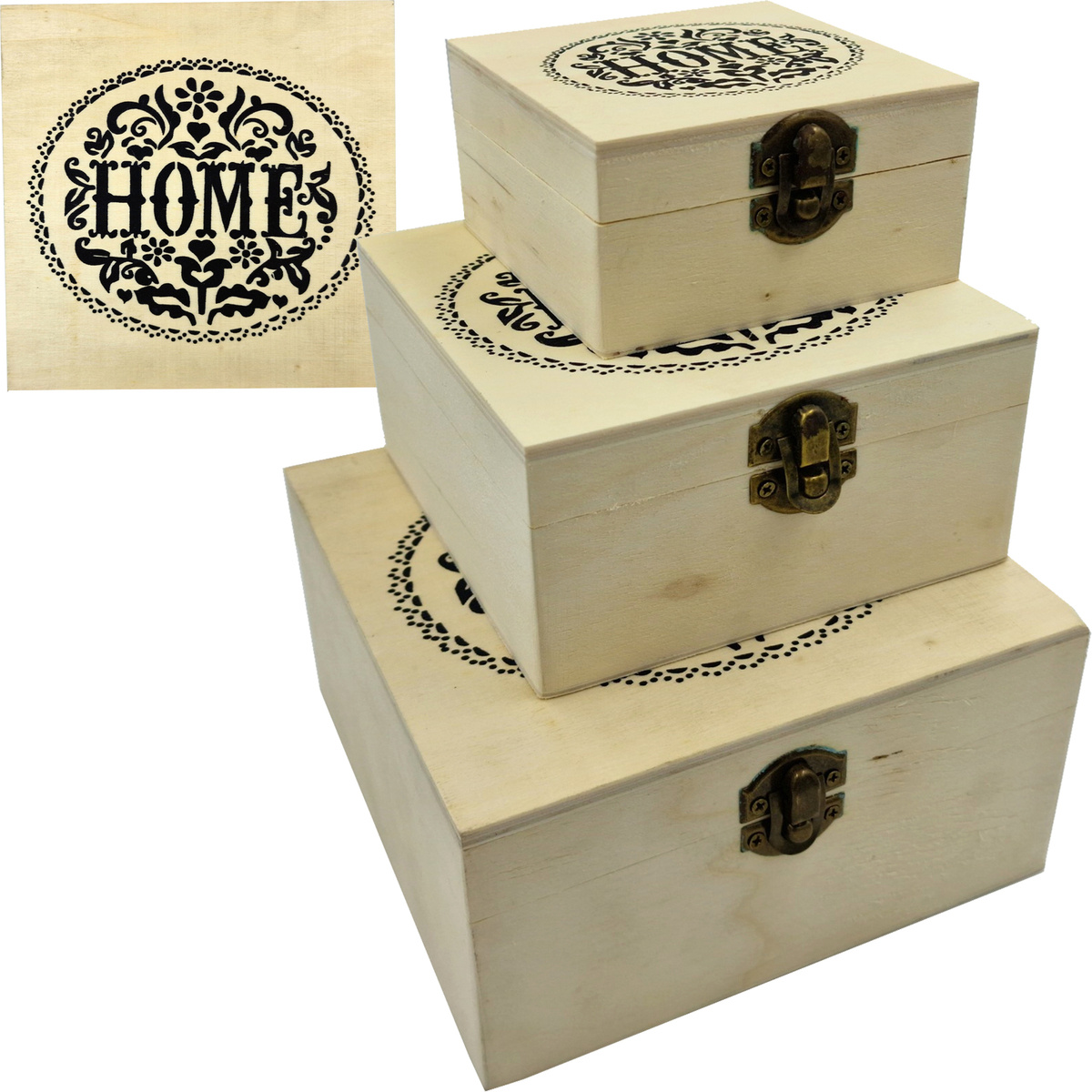Zestaw 3 sztuk pudełek drewnianych wypalanych 16x16 cm