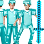 MINECRAFT Strój dla chłopca DIAMENTOWY  STEVE / kostium na bal rozmiar M 120-130 cm + miecz